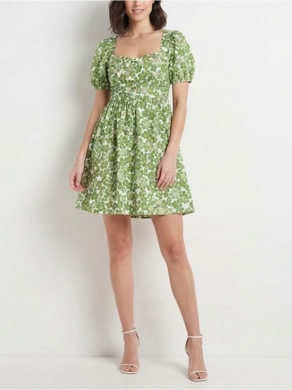 Green Floral Puff-Sleeve Mini Dress with Square Neck